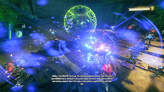 Steer clear of the Riddlers machine and attack his henchmen - Tenth Riddler trial | Batman Arkham Knight - Riddlers Revenge - Batman: Arkham Knight Game Guide & Walkthrough