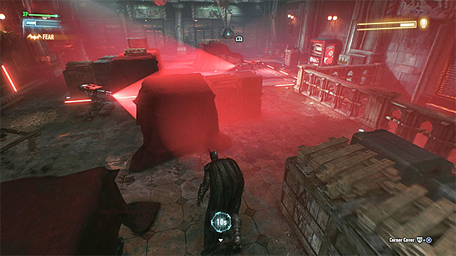 Pick the path shown on the picture above, it will allow you to get close to both defense turrets without being spotted - Arkham Knight - fourth encounter (direct confrontation) | Boss fights - Boss fights - Batman: Arkham Knight Game Guide & Walkthrough