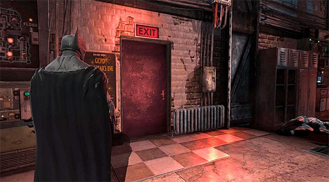 The exit of the room with the police computer - Access the Gotham Merchants Bank | Main storyline - Main storyline - Batman: Arkham Origins Game Guide