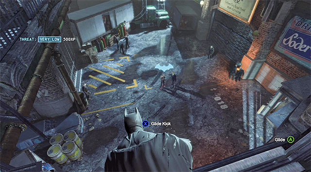 Below, there is a group of ten enemies and I recommend that you glide towards the martial artist shown in the screenshot to eliminate him in the first place - Gain access to the Gotham City Royal Hotel | Main storyline - Main storyline - Batman: Arkham Origins Game Guide