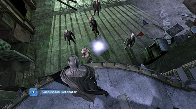 It is a good idea to throw the enemies a concussion detonator - Gain access to the penthouse - West tower | Main storyline - Main storyline - Batman: Arkham Origins Game Guide