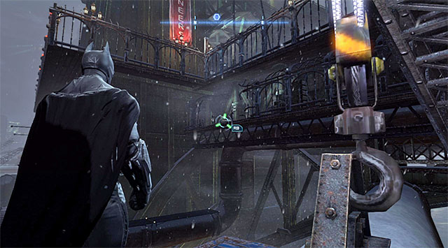 I recommend that you approach the missions marker from the South, by landing onto the cargo hoisted up on the crane (The screenshot) to the left of the main body of the bridge - Black Mask | Most Wanted - Most Wanted - Batman: Arkham Origins Game Guide