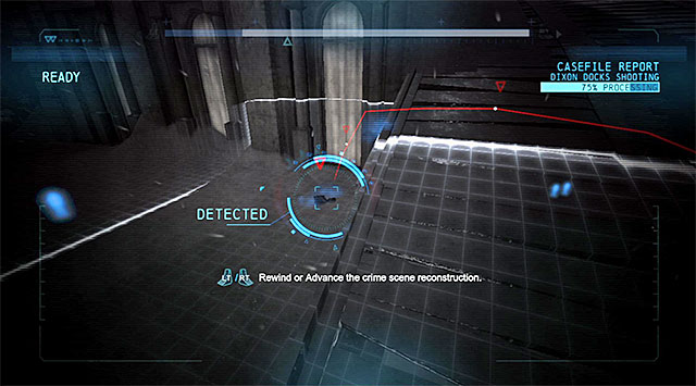 Finally, towards the end of the examination process, you will have to follow the red line that shows the trajectory of the photo camera that belonged to the journalist - Case 1224-6: Dixon Docks Shooting | Casefile Reports - Casefile Reports - Batman: Arkham Origins Game Guide