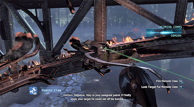 Start by turning towards the nearest car that has been knocked over, thanks to which you will be able to gain access inside that car, using the hook - Disarm the bomb at the south pillar | Main storyline - Main storyline - Batman: Arkham Origins Game Guide