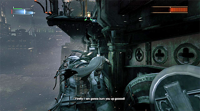 The next phase of the fight should start at the moment when the Firefly loses around a half of his healthbar - Firefly | Boss fights - Boss fights - Batman: Arkham Origins Game Guide