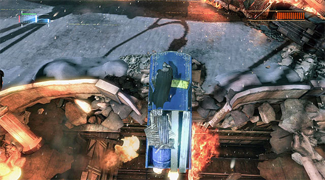 Jump onto the vehicle hanging above the chasm - Firefly | Boss fights - Boss fights - Batman: Arkham Origins Game Guide