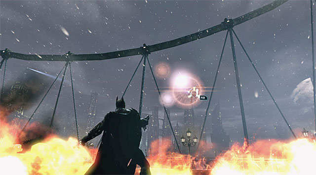 After the boss healthbar is nearly depleted, he will start bombardment of the area - Firefly | Boss fights - Boss fights - Batman: Arkham Origins Game Guide