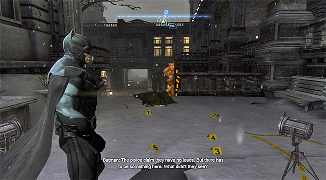 The location where the investigation starts is the crime scene shown in the screenshot, which is located in the Northern part of The Amusement Mile district, close to the Gotham Casino entrance - Case 1224-8: Amusement Mile Mauling | Casefile Reports - Casefile Reports - Batman: Arkham Origins Game Guide