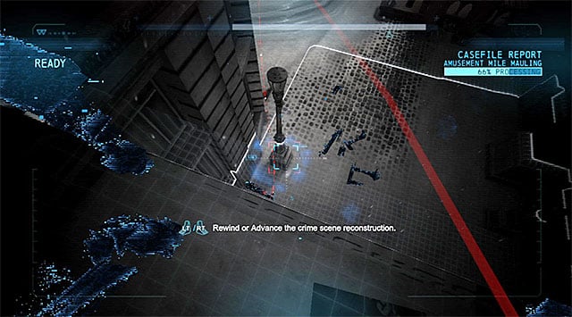 You now need to start using the keys/triggers to manipulate the replay process and follow the red line - Case 1224-8: Amusement Mile Mauling | Casefile Reports - Casefile Reports - Batman: Arkham Origins Game Guide