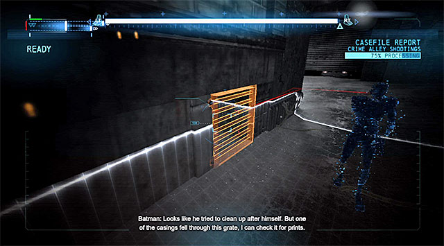 You now need to press the keys/triggers to manipulate the reconstruction replay process and follow the red line that shows the bullets trajectory - Case 1224-9: Crime Alley Shootings | Casefile Reports - Casefile Reports - Batman: Arkham Origins Game Guide