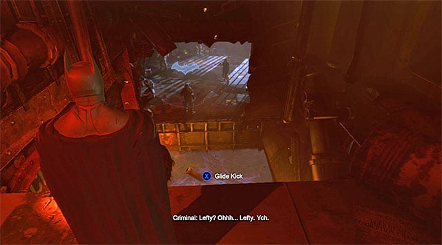 Glide towards the enemy with his back turned at Batman - Track down the Penguin | Main storyline - Main storyline - Batman: Arkham Origins Game Guide