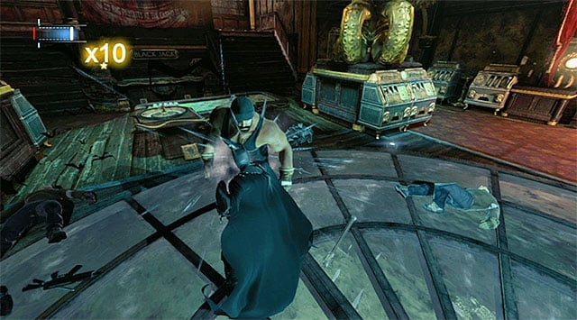 Approach the big glass fragment of the wall, run up and smash through to the other side, to land in the casinos main area again - Gain access to Penguins office - Upper Deck | Main storyline - Main storyline - Batman: Arkham Origins Game Guide