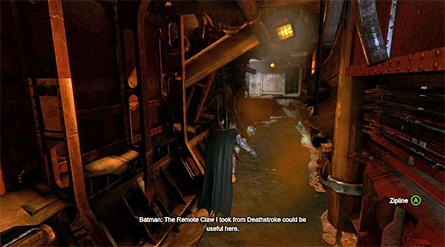 Walk over the rope, thanks to which you will avoid falling into water - Solve the crime scene inside Lacey Towers | Main storyline - Main storyline - Batman: Arkham Origins Game Guide