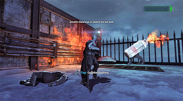 You need to hit, with batarang, the tank that the boss is holding for the last time - Killer Croc | Boss fights - Boss fights - Batman: Arkham Origins Game Guide