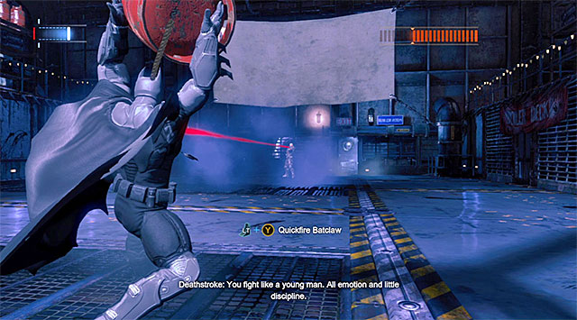 Another new element to this phase of the fight is the possibility of a situation in which Deathstroke uses his remote claw to attach Batman to an explosive tank - Deathstroke | Boss fights - Boss fights - Batman: Arkham Origins Game Guide