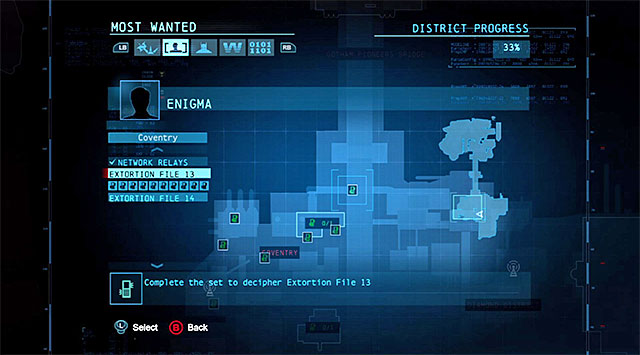 The Enigmas side-mission window informs you of the progress in finding the individual datapacks. - World map | Enigma Datapacks - Enigma Datapacks - Batman: Arkham Origins Game Guide