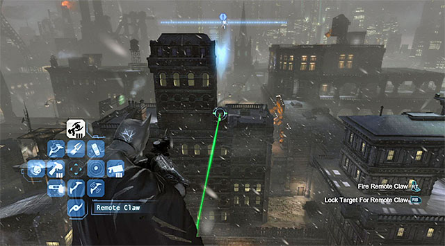 Start on the rooftop to the East of the collectible and find the interactive anchor point shown in the screenshot - The best hidden datapacks - Extortion File 6 (Amusement Mile) | Enigma Datapacks - Enigma Datapacks - Batman: Arkham Origins Game Guide