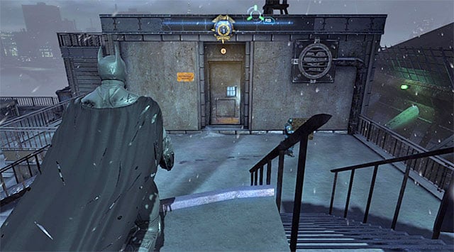 The GCPD main entrance is locked so, you need to take the door shown in the screenshot, located on the rooftop - The Burnley District - entrances to the police station and the sewers | Enigma Datapacks - Enigma Datapacks - Batman: Arkham Origins Game Guide