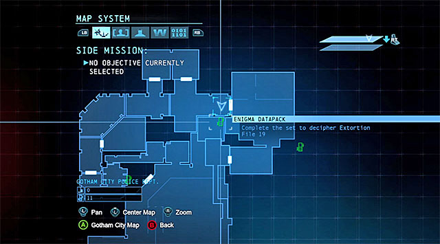 The collectible is in the Northern part of the police station, close to the SWAT conference room and the interrogation room (the above screenshot) - The best hidden datapacks - Extortion File 19 (Burnley) | Enigma Datapacks - Enigma Datapacks - Batman: Arkham Origins Game Guide