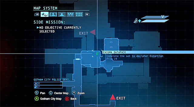 The collectible is in the Evidence Locker and the way to reach there has been described in the Acquire the disruptor at the evidence locker main mission description - The best hidden datapacks - Extortion File 19 (Burnley) | Enigma Datapacks - Enigma Datapacks - Batman: Arkham Origins Game Guide