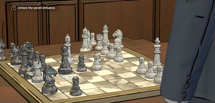 After a short conversation with Regina, unlock access to the lab by picking up a chess piece (Chessboard - Unlock Lab Access) and afterwards, head over to the desk and press the secret button - Chapter 3 - Hostile Takeover | Walkthrough - Episode 3: New World Order - Batman: The Telltale Games Series Game Guide