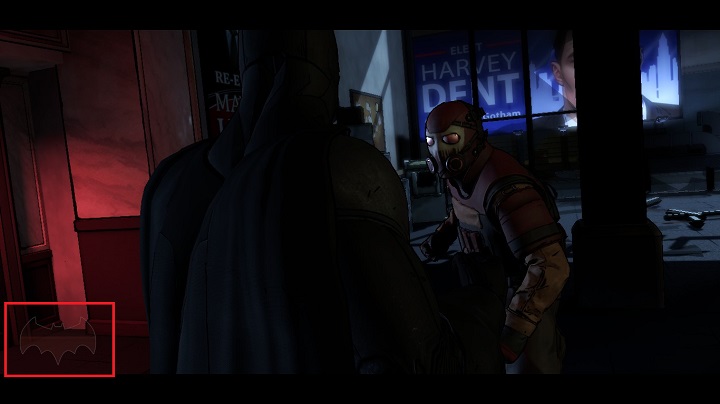 In this case, the Batmans symbol seen in the bottom left corner is the most important - The gameplays mechanics - Basics - Batman: The Telltale Games Series Game Guide