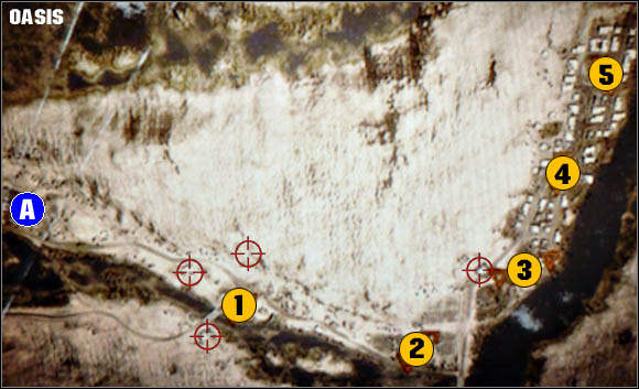 Along the main road located next to a river, there are a few bunches of buildings, occupied by both sides of the conflict - Oasis - Maps analyses - Battlefield: Bad Company - Game Guide and Walkthrough