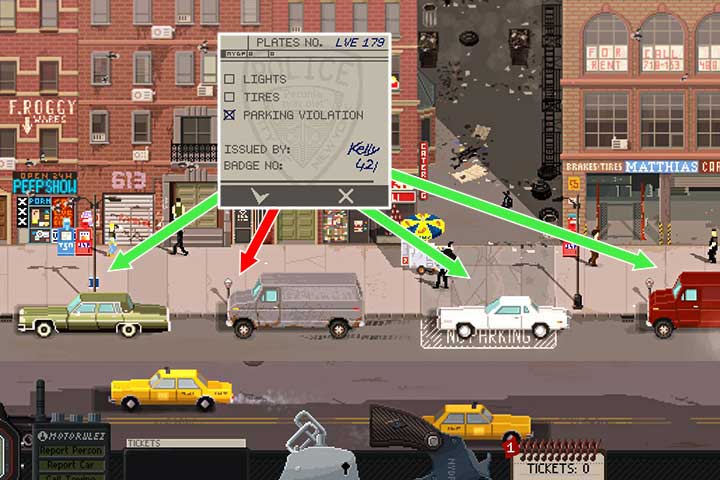 Each green arrow means than you can issue a ticket. Only the green van marked with a red arrow obeys parking regulations. - Tickets and interventions | Gameplay basics - Gameplay basics - Beat Cop Game Guide