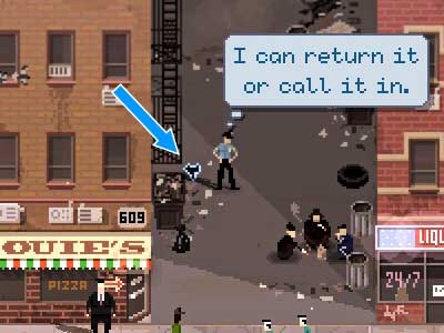 The weapon is near the trash, in the alley between the pizza place and the liquor store. - First week | Description of 21 days of duty - Description of 21 days of duty - Beat Cop Game Guide