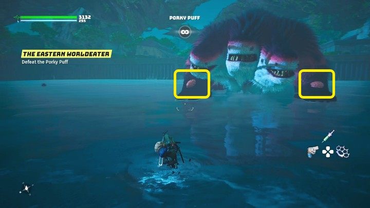 During the first phase of the fight, attack the boss's vulnerable areas to deal damage - Biomutant: Porky Puff - how to beat? Boss fight - Bosses - Biomutant Guide
