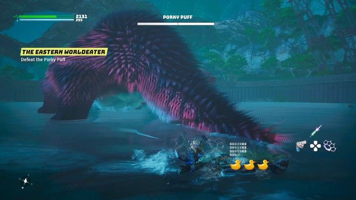 As you swim around the monster from behind, watch out for its big tail, because the Porky Puff can lift it up and then forcefully slam it to the ground - Biomutant: Porky Puff - how to beat? Boss fight - Bosses - Biomutant Guide