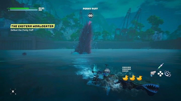 When the boss dives in and starts chasing you, swim around the arena and don't get caught, or else you will die instantly as soon as the Porky Puff touches you - Biomutant: Porky Puff - how to beat? Boss fight - Bosses - Biomutant Guide