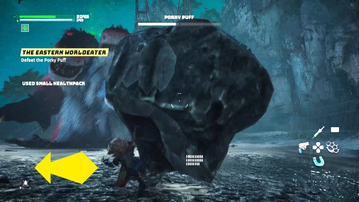 The boss will often throw rocks at you with both paws, one after the other, so you must be prepared to quickly perform two sideways dodges in a short span of time - Biomutant: Porky Puff - how to beat? Boss fight - Bosses - Biomutant Guide