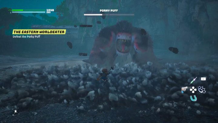 When the Porky Puff starts lifting up his paws, it is a sign that he is about to hit the ground and create a shock wave that you will have to jump over - Biomutant: Porky Puff - how to beat? Boss fight - Bosses - Biomutant Guide