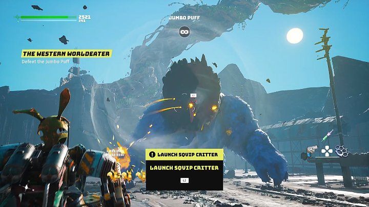 When the boss opens his mouth and starts breathing in, you'll have to use the Sqvip launcher to interrupt this attack - press the button that appears on the screen (L2 on PS4/PS5) - Biomutant: Jumbo Puff - how to beat? - Bosses - Biomutant Guide