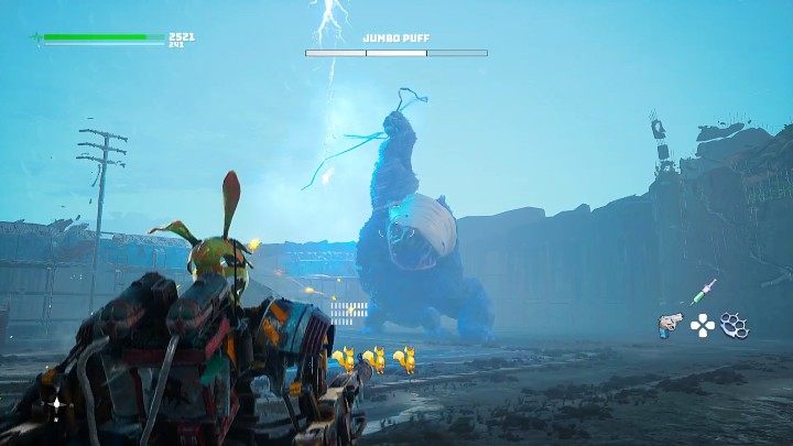 At the beginning of the second stage, Jumbo Puff will break the high voltage line and start using the electric cable as a weapon - Biomutant: Jumbo Puff - how to beat? - Bosses - Biomutant Guide