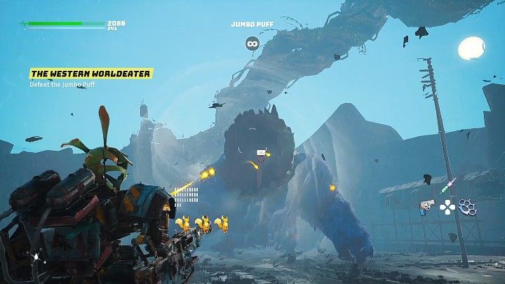 When the boss opens its mouth and starts breathing in, use the Sqvip launcher to interrupt the attack - Biomutant: Jumbo Puff - how to beat? - Bosses - Biomutant Guide