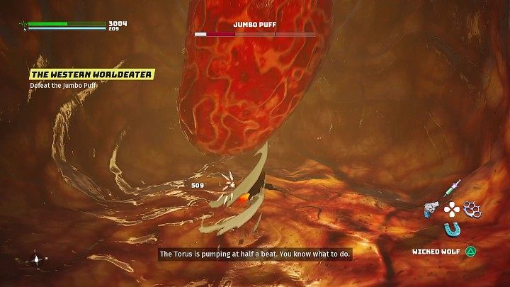 Approach the monster's heart and hit it with a cold weapon or ranged weapon to weaken the last health bar of Jumbo Puff - Biomutant: Jumbo Puff - how to beat? - Bosses - Biomutant Guide