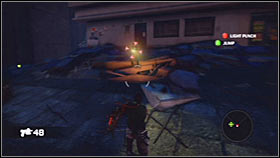 Make sure it's safe and get on top of a large metal structure located in front of the tunnel - Act 1 - Chapter 1 - Ascension City Downtown II - Act 1 - Chapter 1 - Bionic Commando - Game Guide and Walkthrough