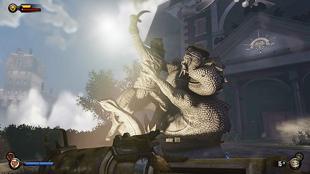 Proceed towards the gate leading to the Fraternal Order of the Raven - Go to the Monument Island and find the girl (part 2) | Chapter 4 - Comstock Center Rooftops - Chapter 4 - Comstock Center Rooftops - BioShock Infinite Guide