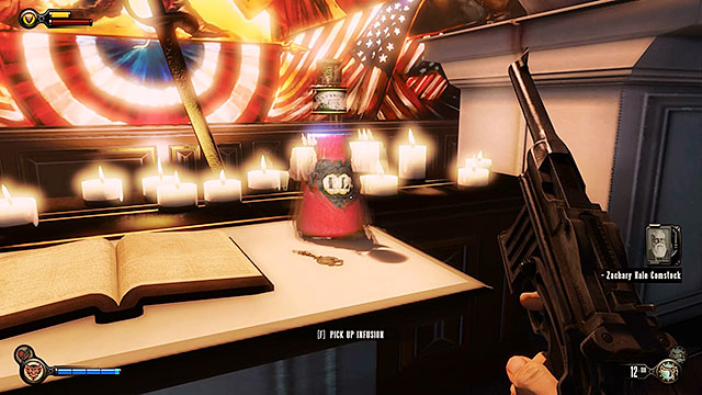 The key needed to open the chest can be found close to the altar in the Fraternal Order of the Raven, next to the first Infusion - Side mission: Find the key that fits the lock | Chapter 4 - Comstock Center Rooftops - Chapter 4 - Comstock Center Rooftops - BioShock Infinite Guide