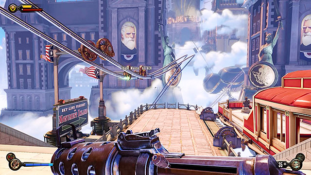 Leave the station to find yourself standing on a large platform with a barge docked to your right - Use the sky-lines to reach Monument Island | Chapter 5 - Monument Island Gateway - Chapter 5 - Monument Island Gateway - BioShock Infinite Guide