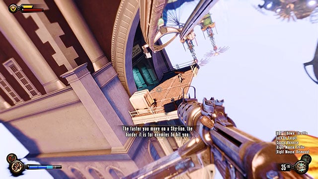 Let go of the sky-line when youre under the archway of the maintenance tower - Use the sky-lines to reach Monument Island | Chapter 5 - Monument Island Gateway - Chapter 5 - Monument Island Gateway - BioShock Infinite Guide