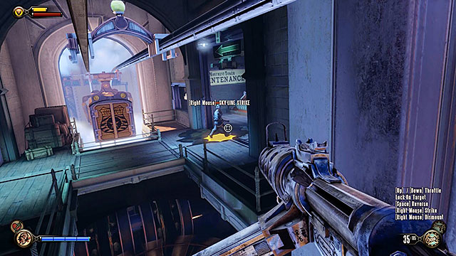 The sky-line at the top of the tower is blocked by gondolas - Use the sky-lines to reach Monument Island | Chapter 5 - Monument Island Gateway - Chapter 5 - Monument Island Gateway - BioShock Infinite Guide