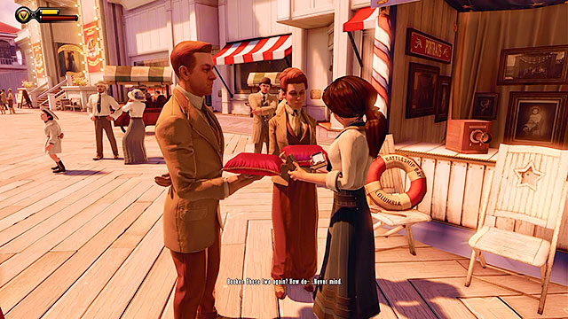 After leaving the shop youll both encounter the mysterious Lutece siblings - Choice: Marigold pin | Chapter 7 - Battleship Bay - Chapter 7 - Battleship Bay - BioShock Infinite Guide