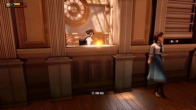 Enter the waiting room and use the bell to call the usher (notice an infusion located behind him) - Choice: Usher | Chapter 7 - Battleship Bay - Chapter 7 - Battleship Bay - BioShock Infinite Guide