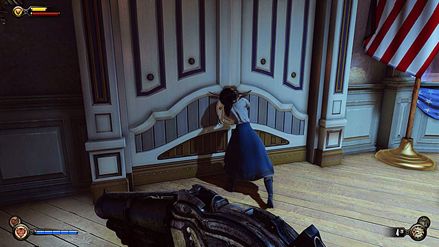Enter the Soldiers Field Welcome Center and turn left to find a locked door leading to the security room - Take Elizabeth to the First Lady airship | Chapter 8 - Soldiers Field - Chapter 8 - Soldiers Field - BioShock Infinite Guide