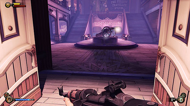 After youve used the elevator to get to the upper level of the Soldiers Field find a ticket pavilion building (TICKETS sign) - Side mission: Use the cipher to crack the Vox code | Chapter 8 - Soldiers Field - Chapter 8 - Soldiers Field - BioShock Infinite Guide