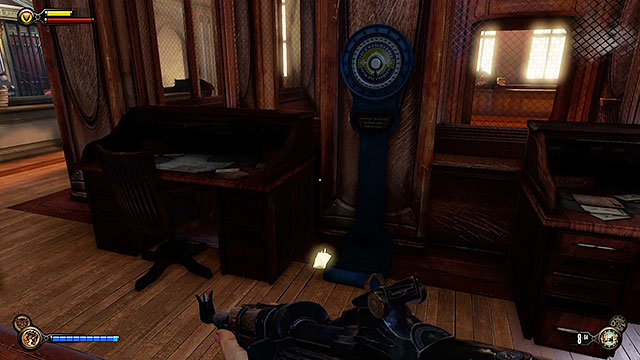 Explore the area behind the main desk to find yet another lockpick hidden between a smaller desk and a scale - Find a way into Finkton | Chapter 16 - Worker Induction Center / Finkton Proper - Chapter 16 - Worker Induction Center / Finkton Proper - BioShock Infinite Guide