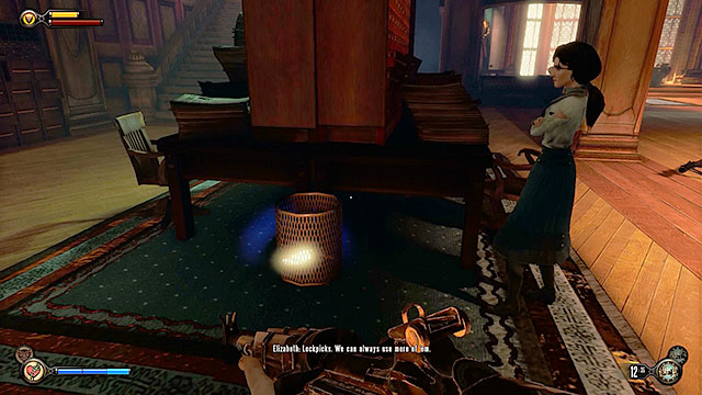 Make sure to check the trash bin located next to one of the bookstand in the middle of the hall to obtain a lockpick - Find a way into Finkton | Chapter 16 - Worker Induction Center / Finkton Proper - Chapter 16 - Worker Induction Center / Finkton Proper - BioShock Infinite Guide